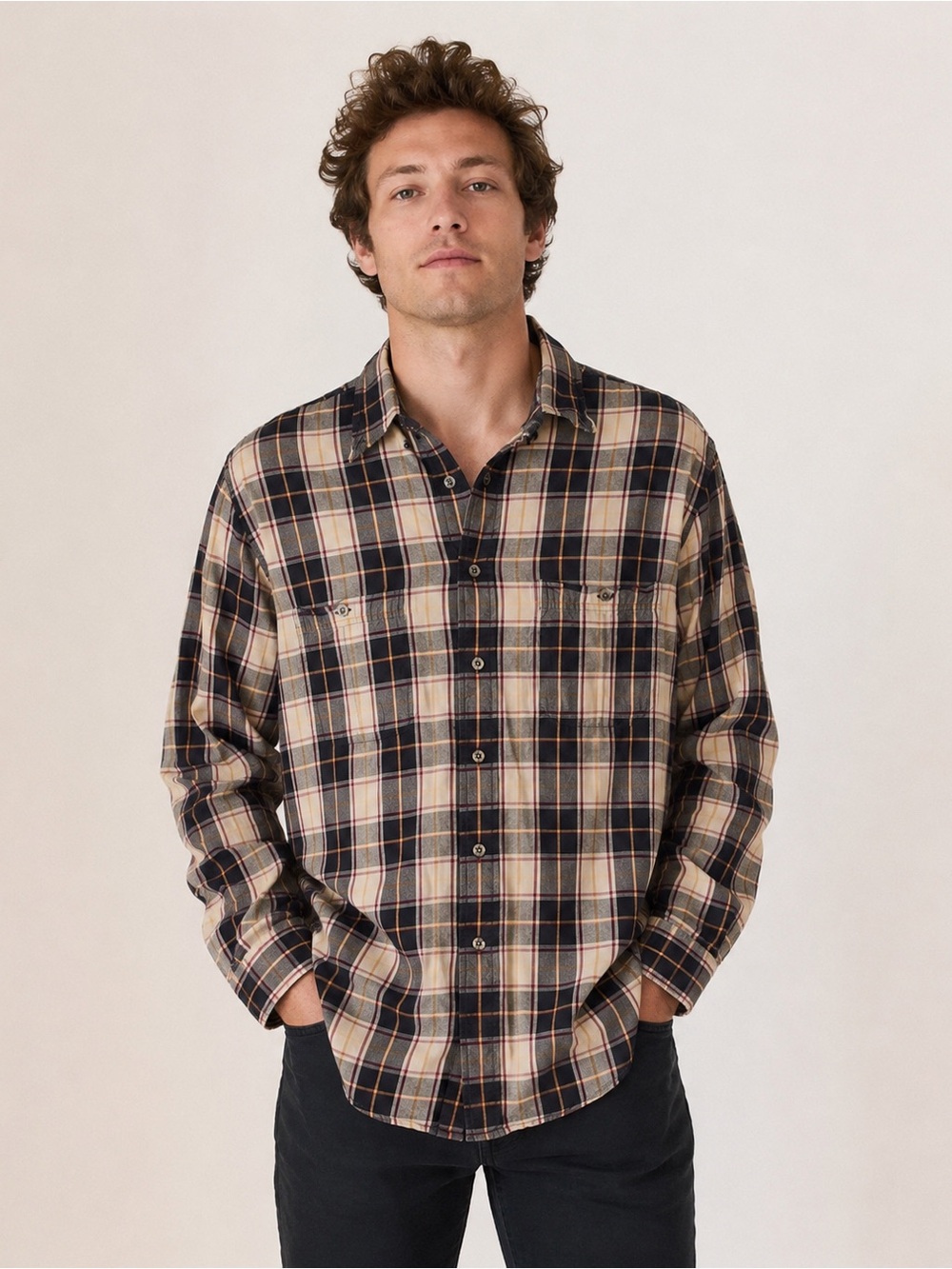 Pendleton Expedition‎ Cotton Beige and Black Plaid Shirt